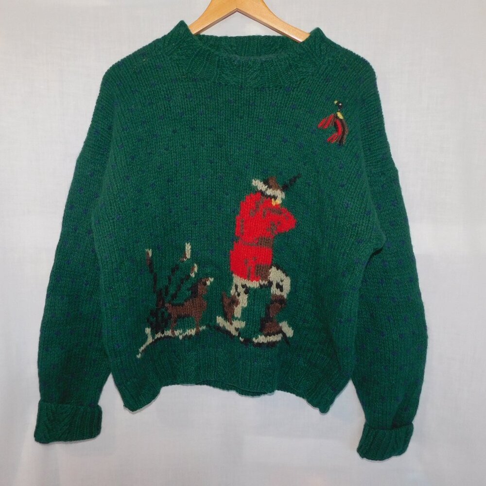 Vintage 90s Nautica Green Wool Pheasant Bird Hunting Mens XL knit  Sweater
